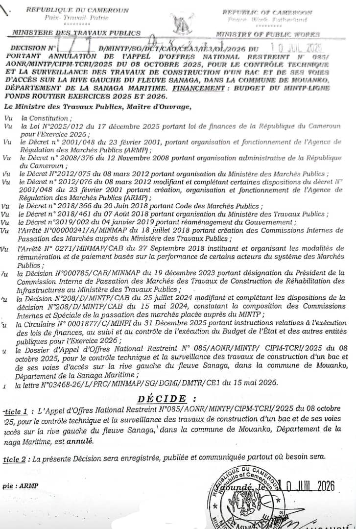 Sanaga-Maritime : relance imminente de l'appel d'offres pour le bac de Mouanko